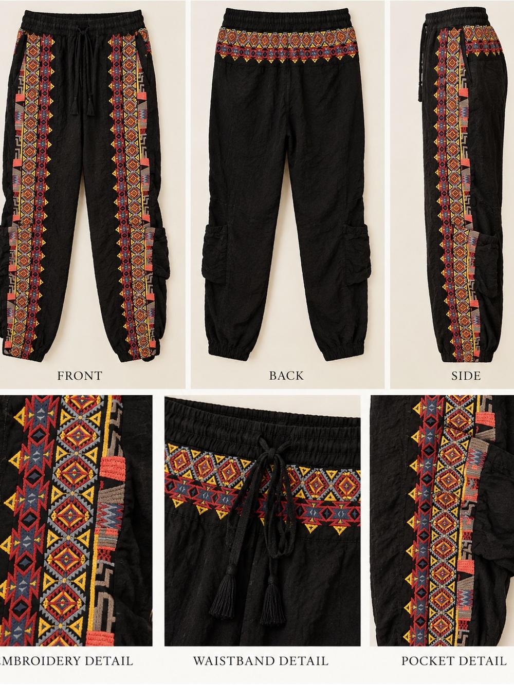 Johnny Was Black Cargo Joggers with Multicolor Embroidered Stripes